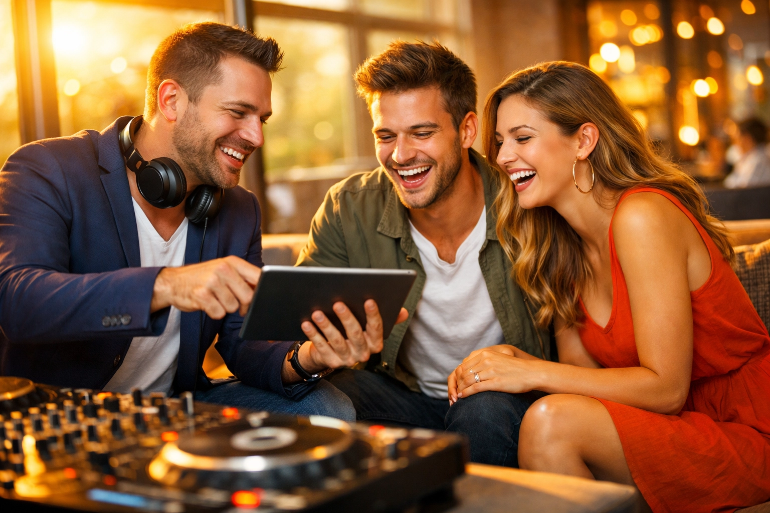 A bride and groom planning their wedding music with a professional entertainment DJ for a personalized experience.