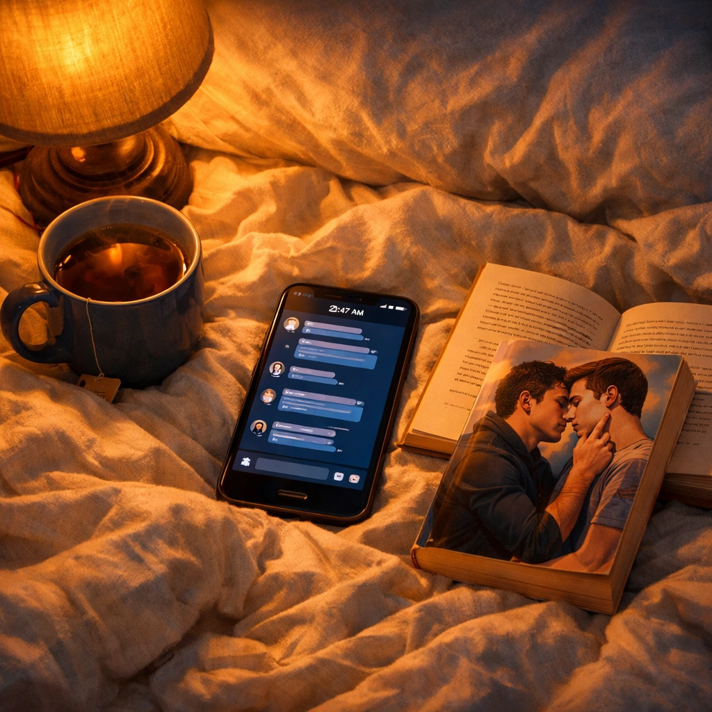 Late-night online gay community chat with MM romance book at 2 AM