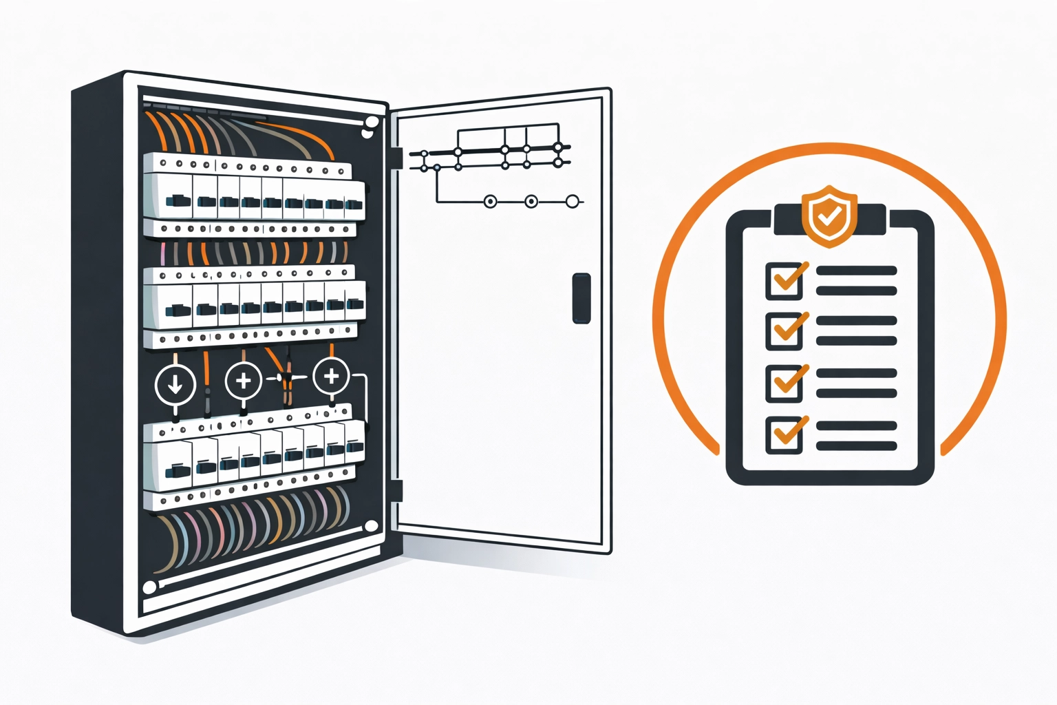 Illustration: Verteilerkasten + Prüfprotokoll-Icon im Elektro-Zentrum CI-Stil (vektor, minimalistisch)