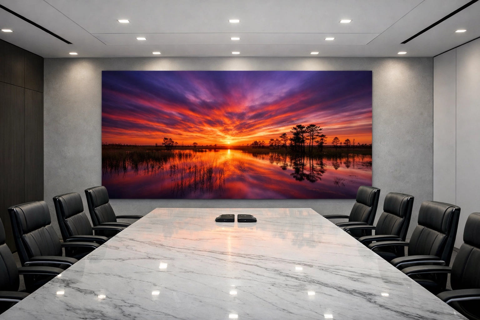 Corporate boardroom featuring a vibrant fine art landscape photography print of the Everglades.