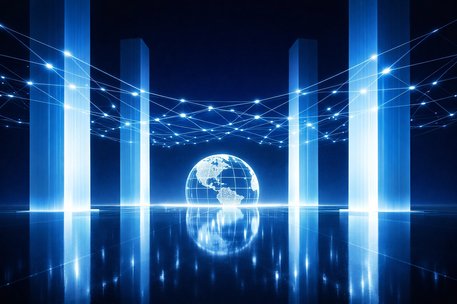 Massive digital pillars and a glowing globe representing a strong foundation for business growth.