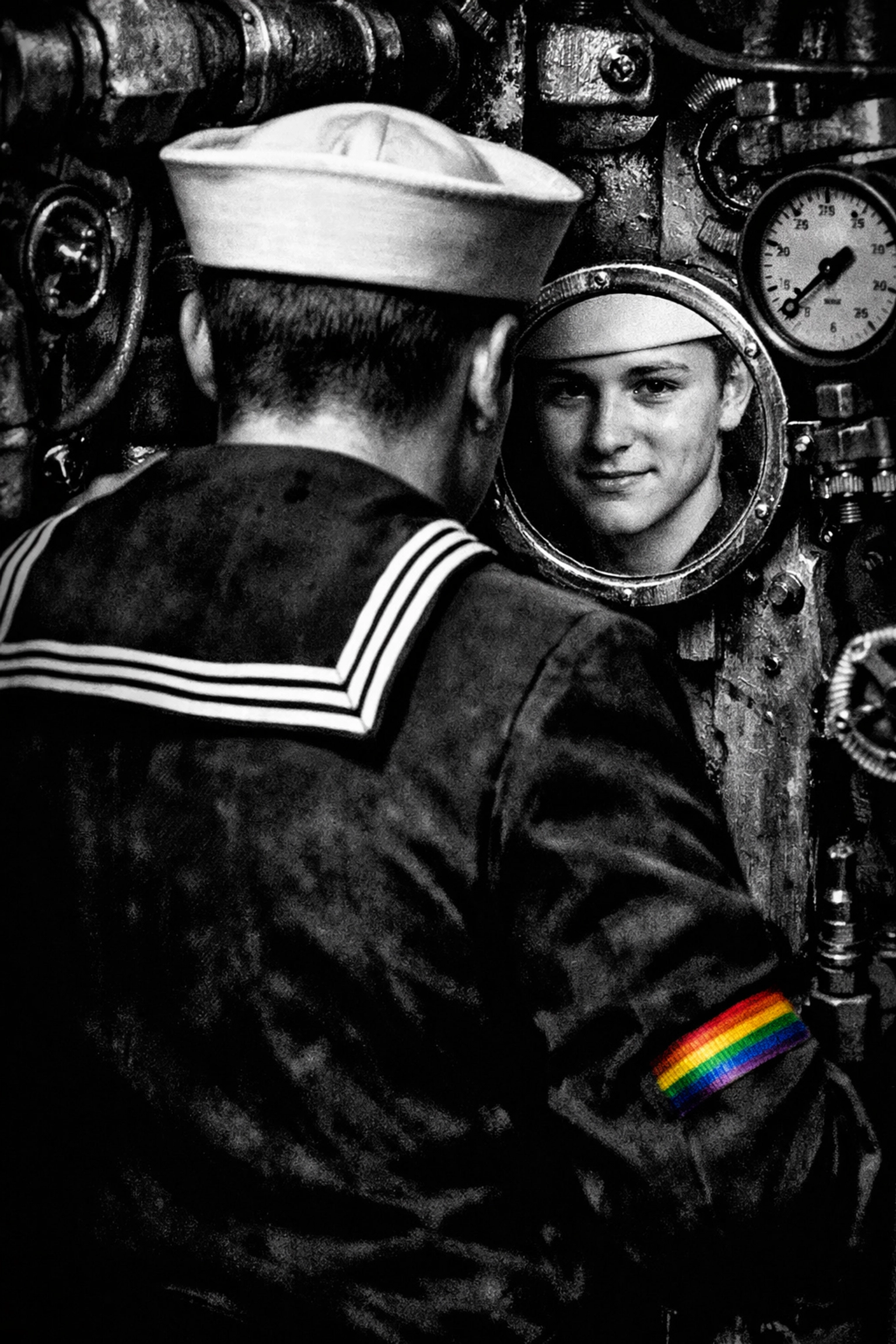 A transgender sailor looks in a submarine mirror, reflecting their authentic LGBTQ identity.