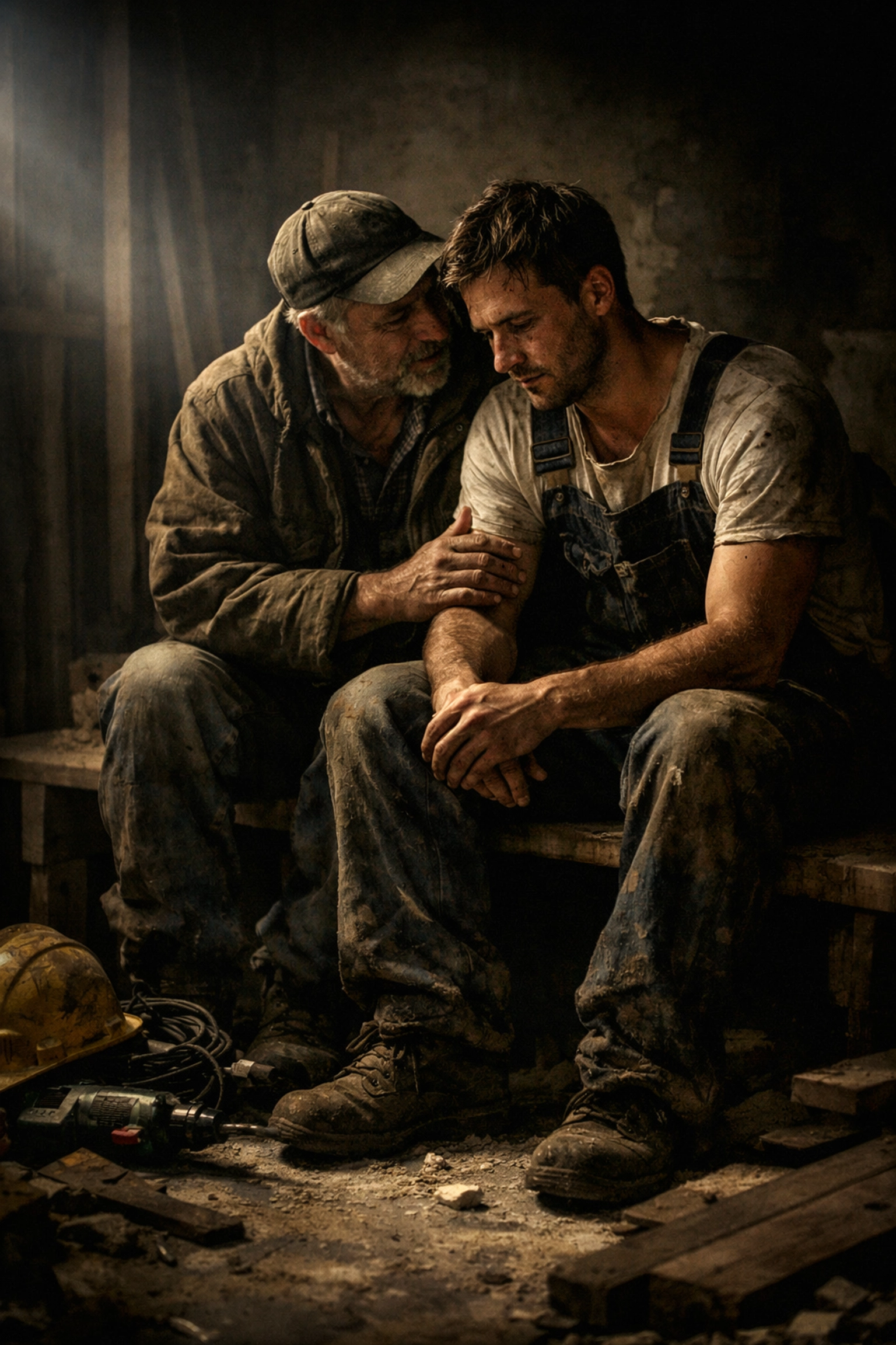 Two gay construction workers sharing a quiet, emotional moment on a building site, MM contemporary novels.