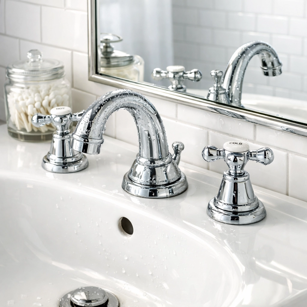 Clean bathroom sink with chrome fixtures meeting professional move-out cleaning standards