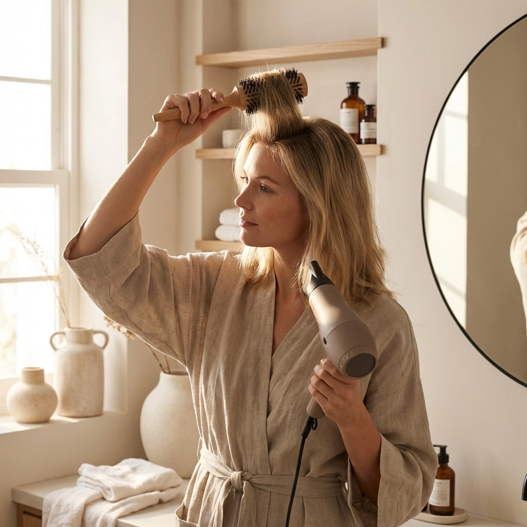 Γυναίκα φροντίζει τα μαλλιά της στο σπίτι, χρησιμοποιώντας βούρτσα για φυσικό όγκο στις ρίζες σε ρουτίνα περιποίησης