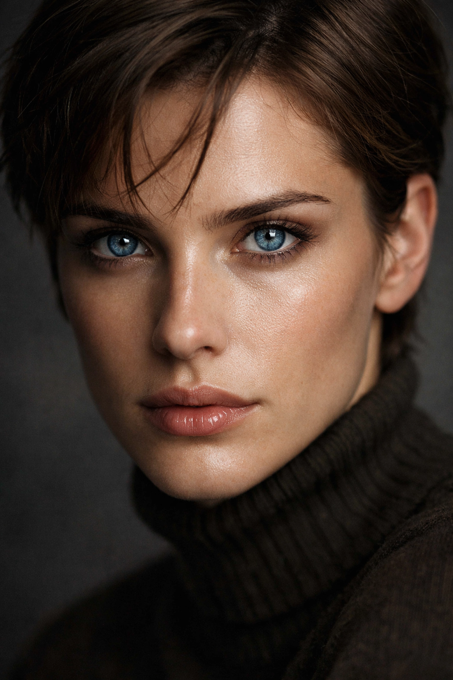 High-end editorial portrait photography close-up showing detailed eye focus and professional editing.