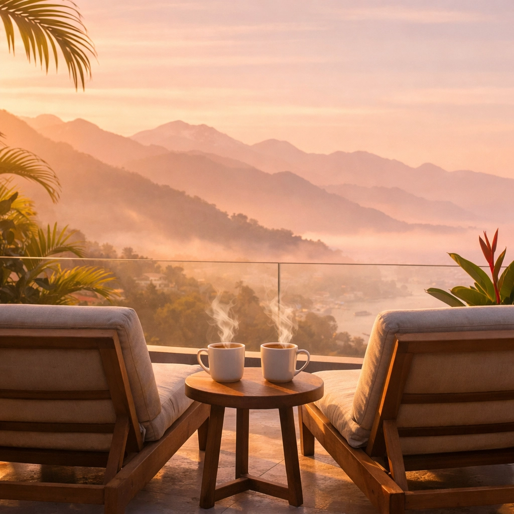 Sunrise morning coffee terrace overlooking Sierra Madre mountains in Amapas