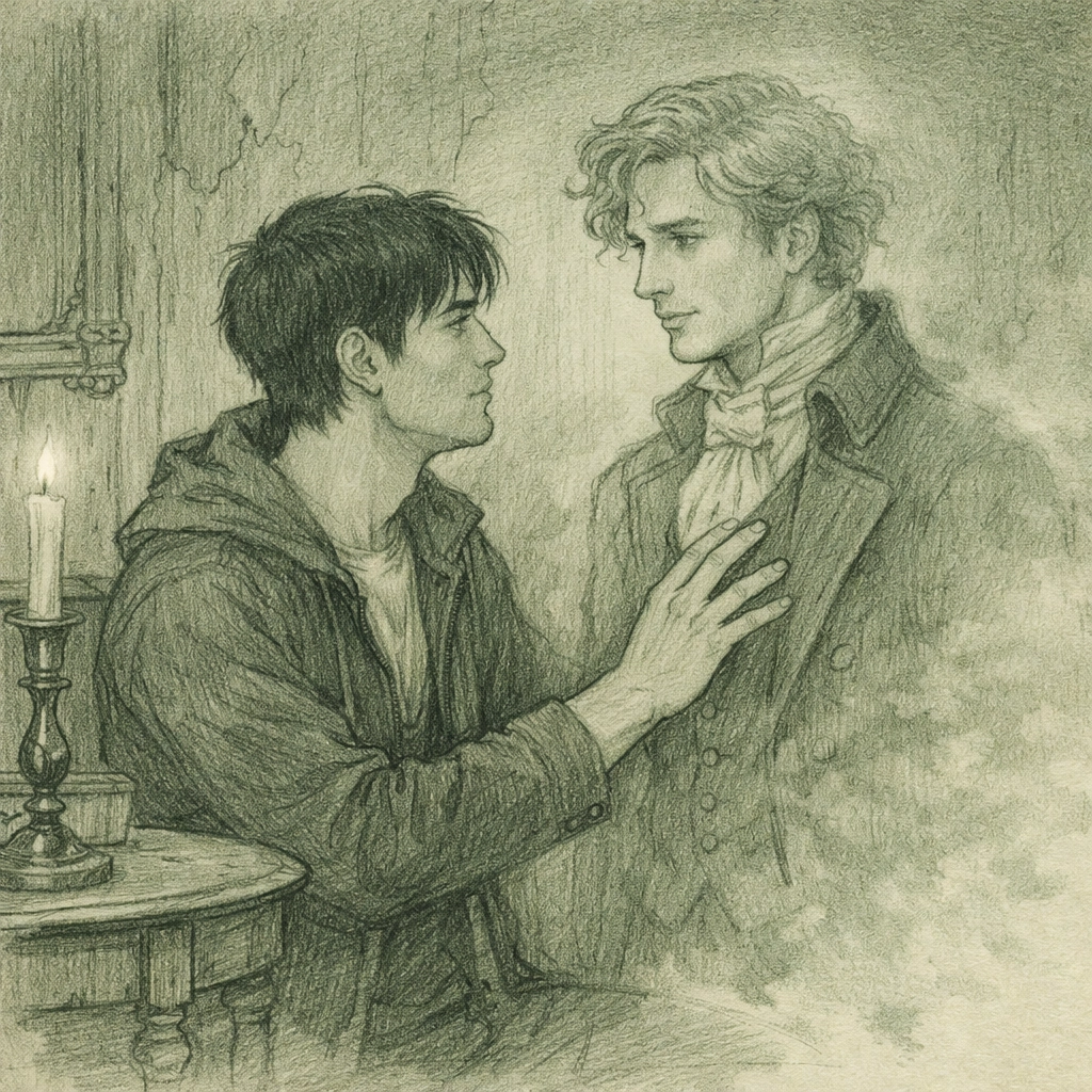 Julian reaches toward his ghostly lover in Blackwood Manor - MM paranormal romance scene