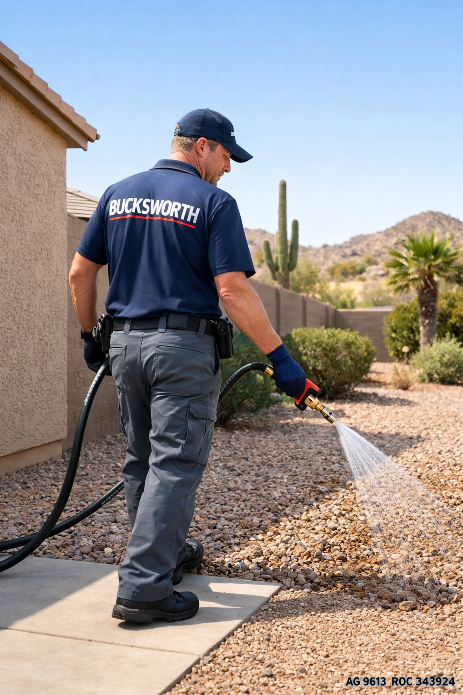 Bucksworth technician applying pre-emergent weed control to a residential landscape in Peoria, AZ 85383.
