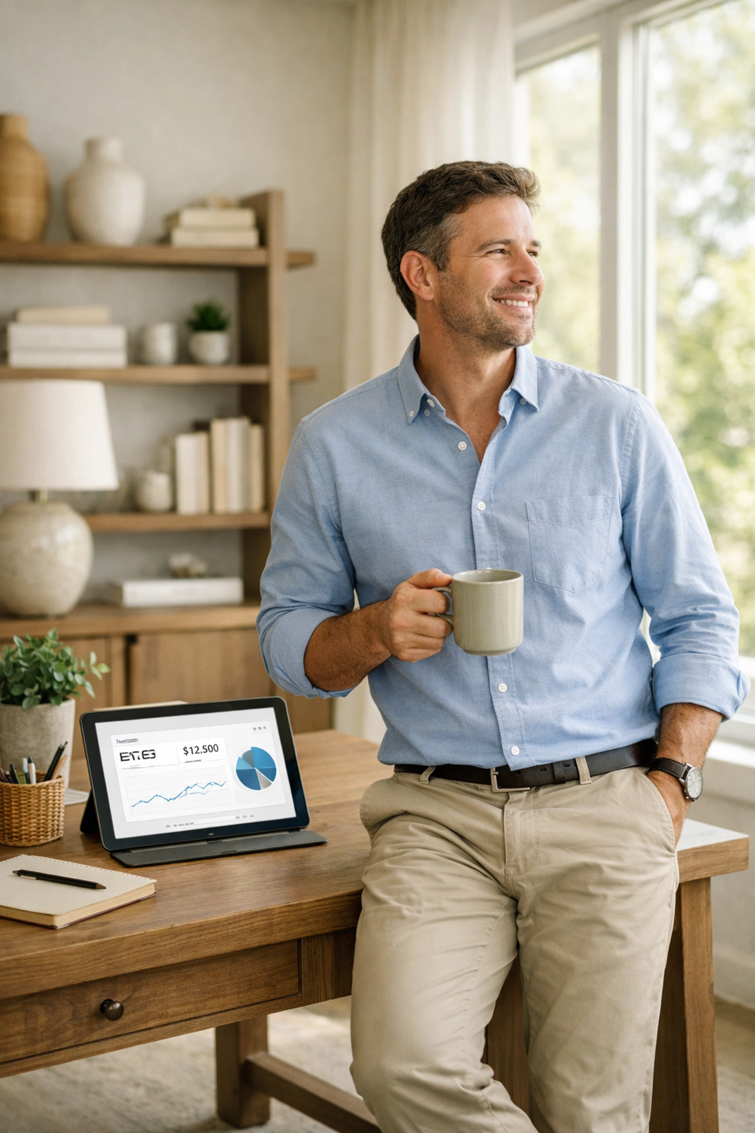 Business professional enjoying a stress-free day thanks to automated bookkeeping and real-time financial dashboards.