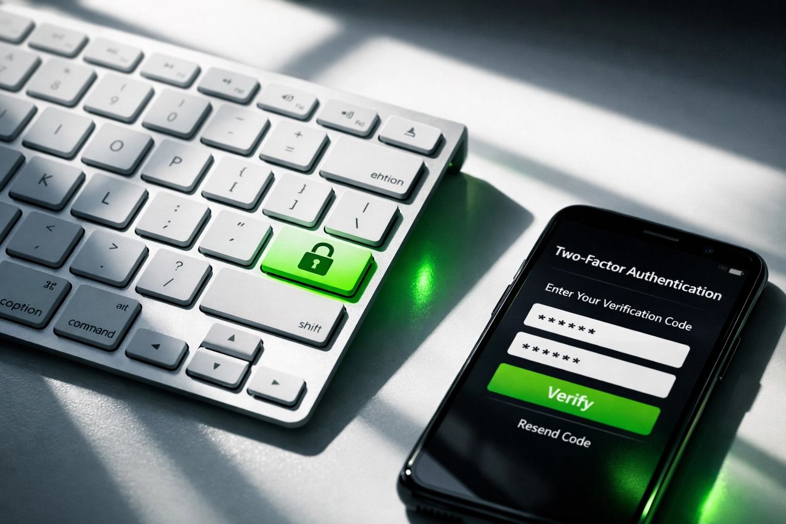 Keyboard with security lock and smartphone showing two-factor authentication for website protection