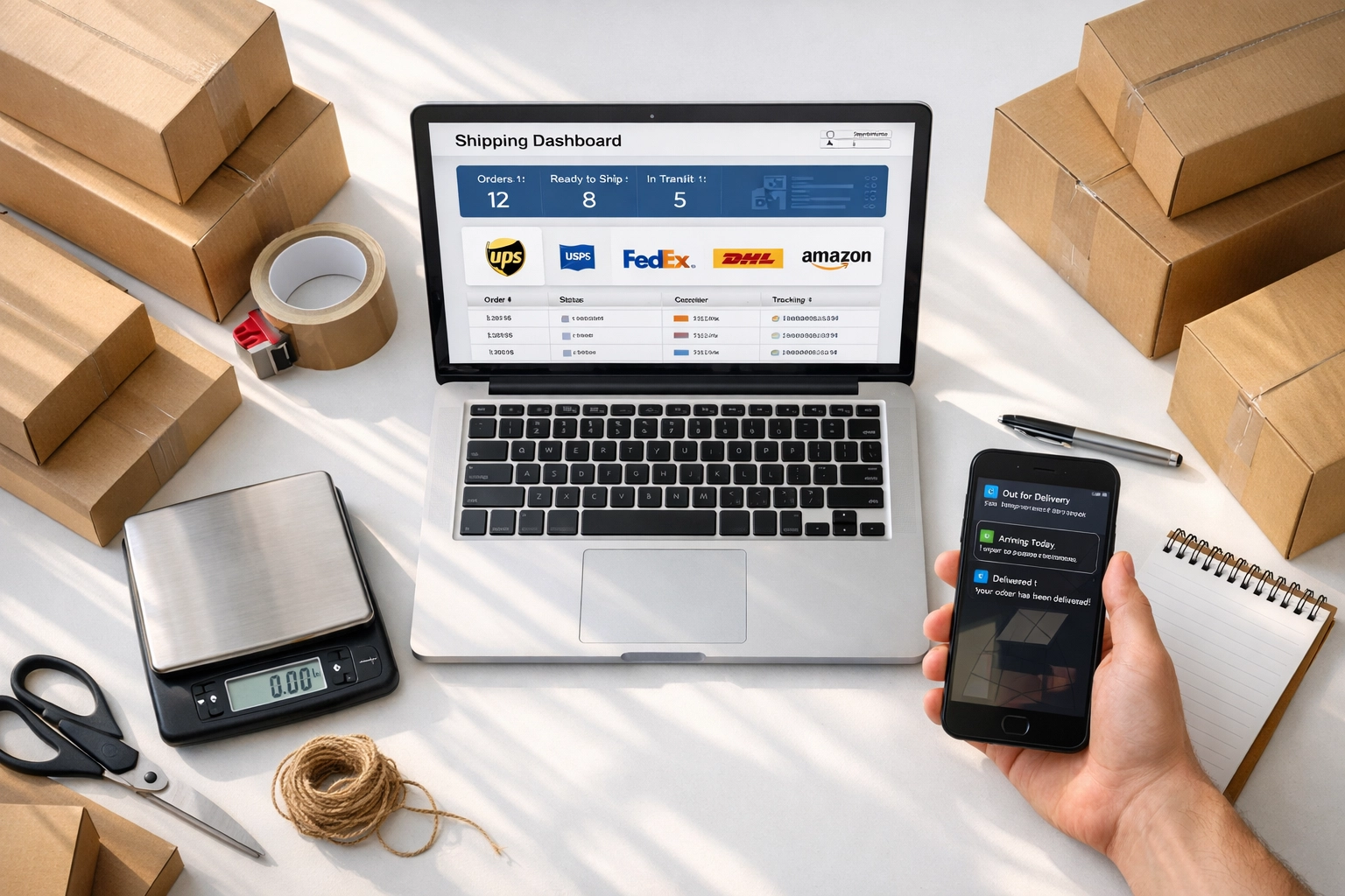Small business shipping workspace with parcel delivery dashboard and boxes