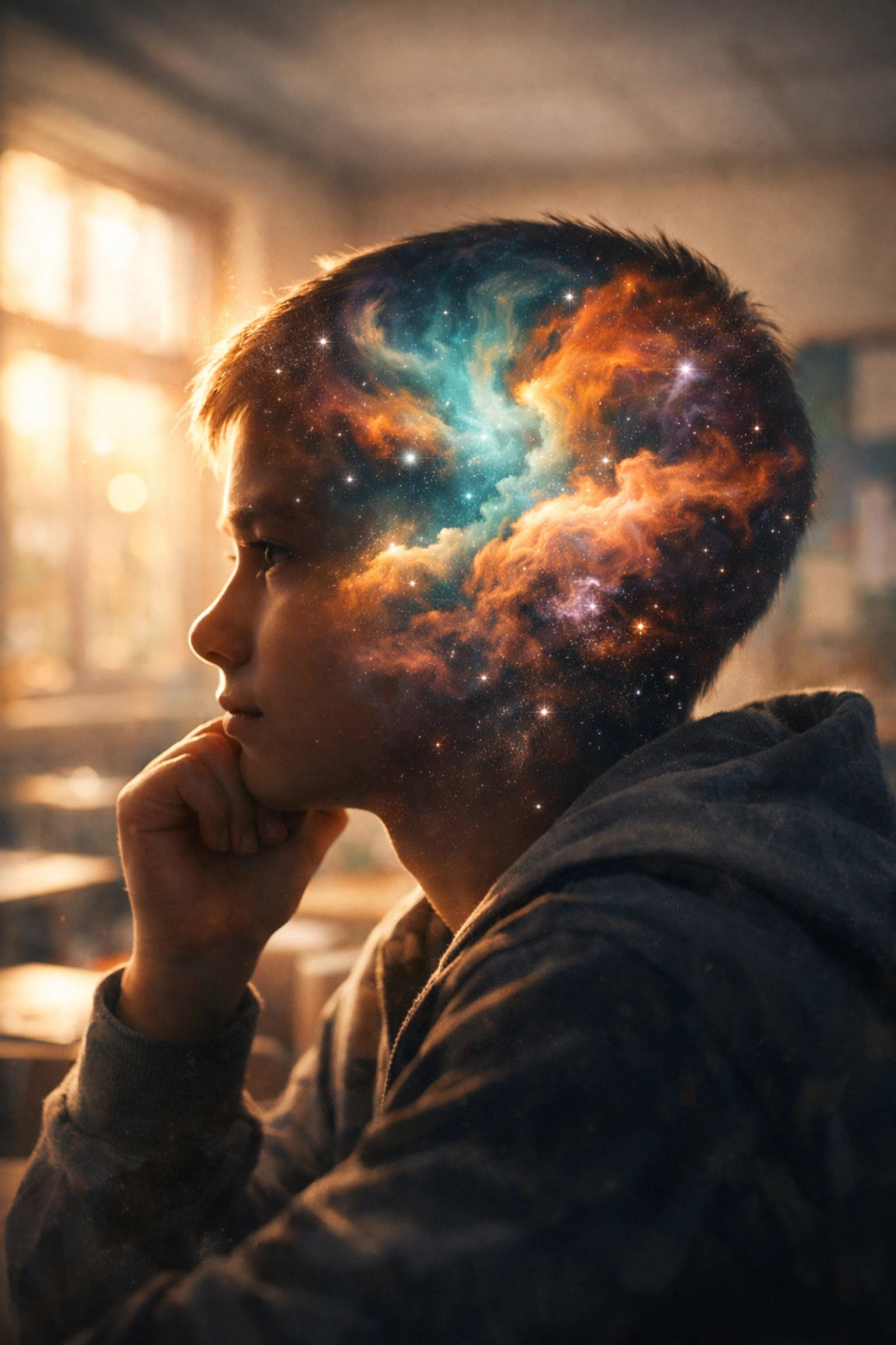 A contemplative neurodivergent student's silhouette revealing a colorful internal sensory world in a classroom.