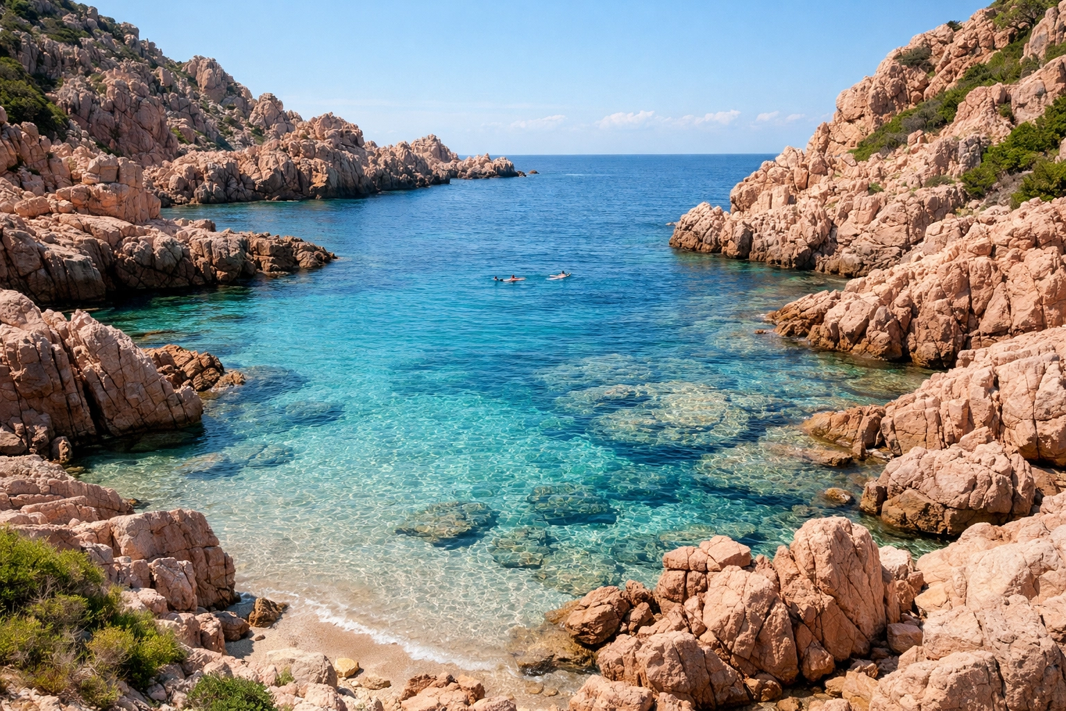 Secluded cove at Costa Paradiso with pink granite rocks and crystal-clear turquoise water