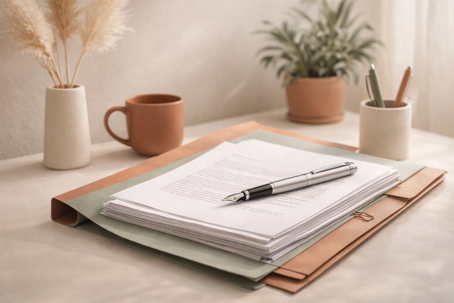 Custody paperwork, folder, and pen arranged on a calm desk for child custody in Fredericksburg, VA