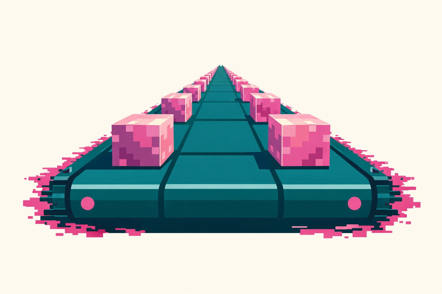 Digital conveyor belt illustrating the repetitive, one-size-fits-all agency factory model for marketing.