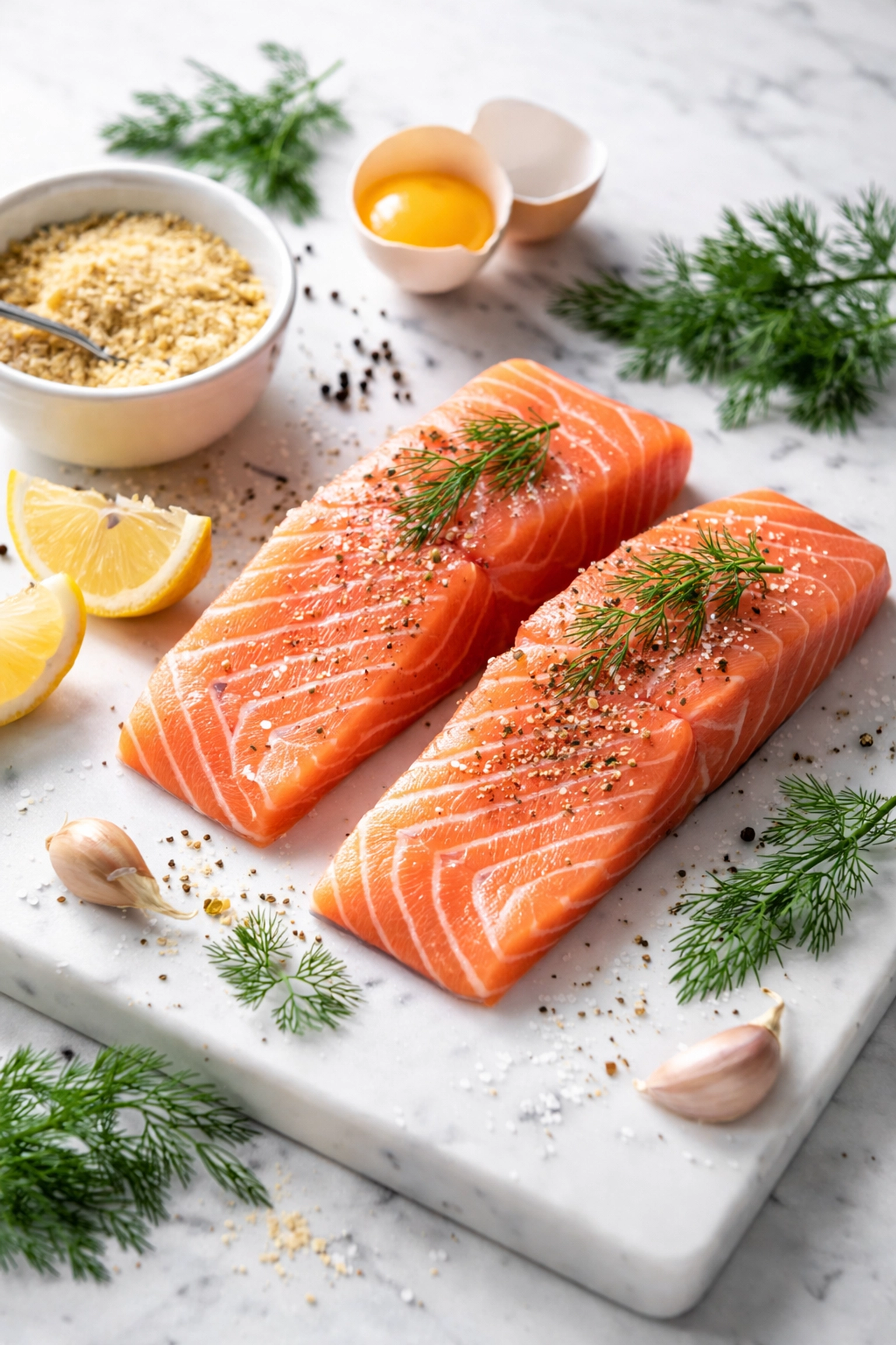 Raw salmon fillets with breadcrumbs, dill, lemon, and an egg on a marble surface for high-protein salmon fish cakes recipe
