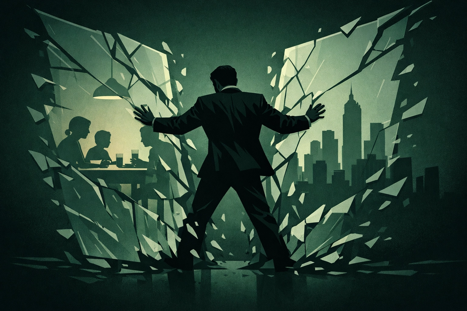 Man between crumbling walls representing collapsing double life in gay psychological drama