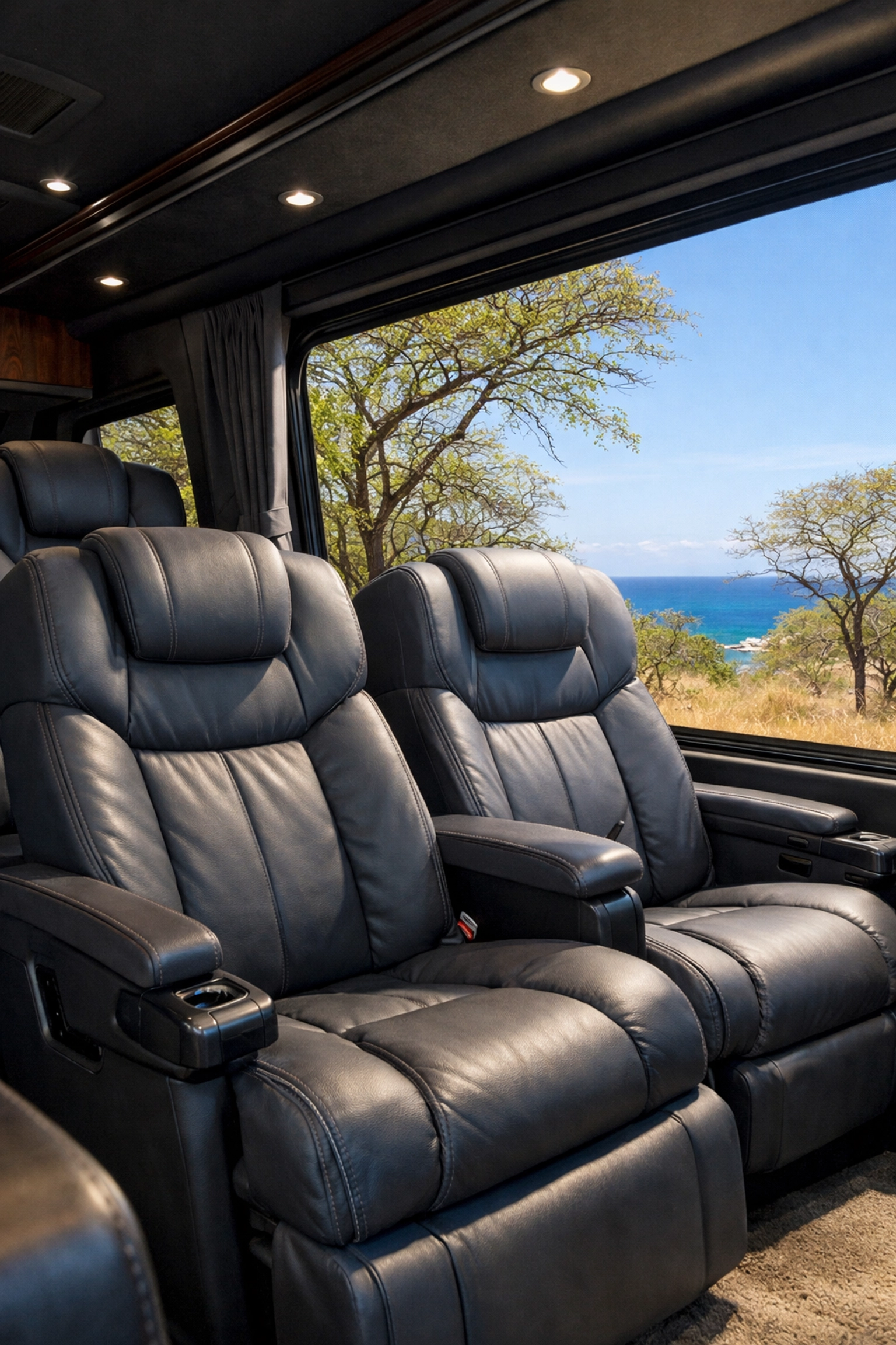 Modern private transfer Liberia airport vehicle interior with leather seats and air conditioning.