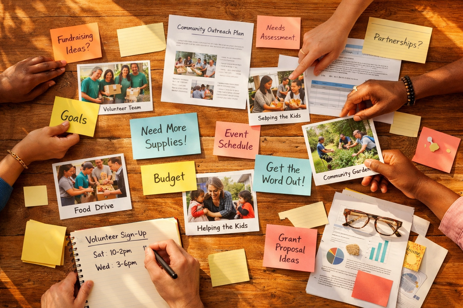 Nonprofit team organizing resources and materials for collaborative fundraising campaign planning