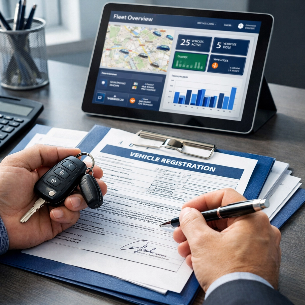 Business owner reviewing commercial auto insurance documents with vehicle keys and digital dashboard