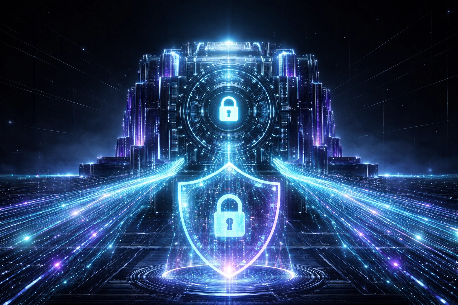Futuristic digital vault depicting secure data management and compliance in custom AI solutions