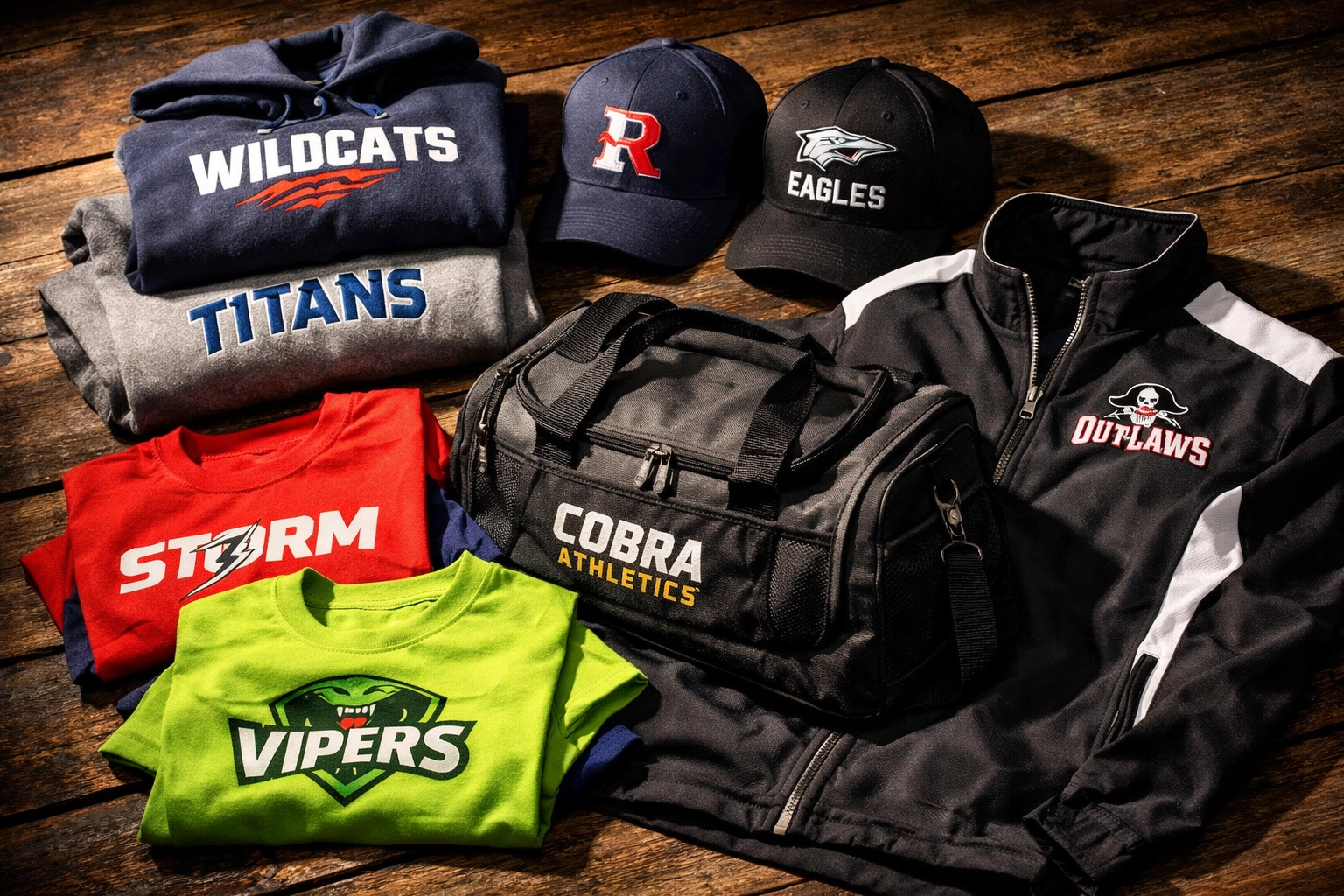 Variety of custom team apparel including hoodies, hats, shirts, and bags for teams