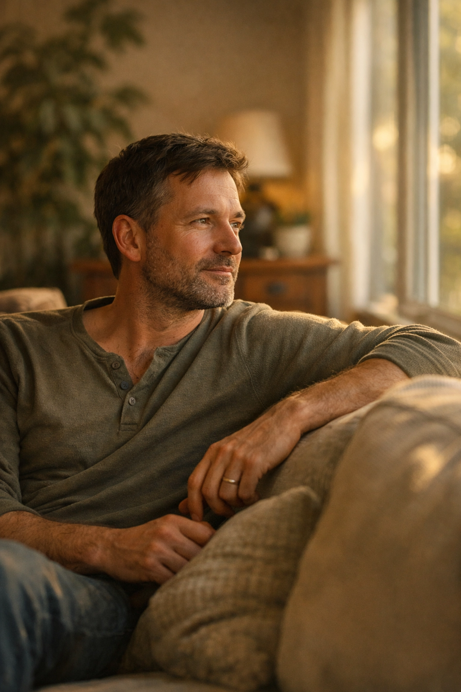 Gondolkodó férfi a kanapén, aki a merevedési zavar és a stressz összefüggéseit mérlegeli.