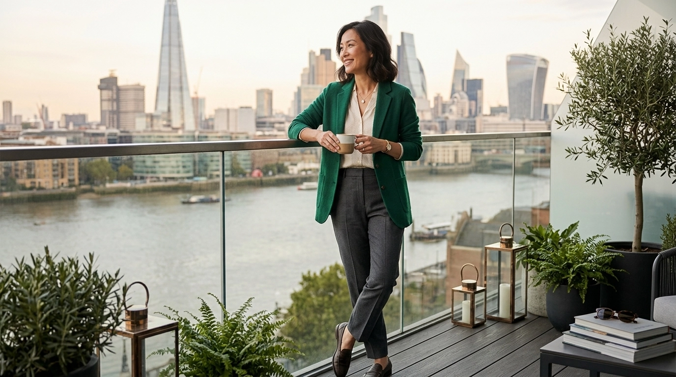 A professional woman in a chic emerald green suit standing in a relaxed, authentic pose on a modern balcony overlooking the London skyline, with a serene and determined expression beneath a soft pastel sky.
