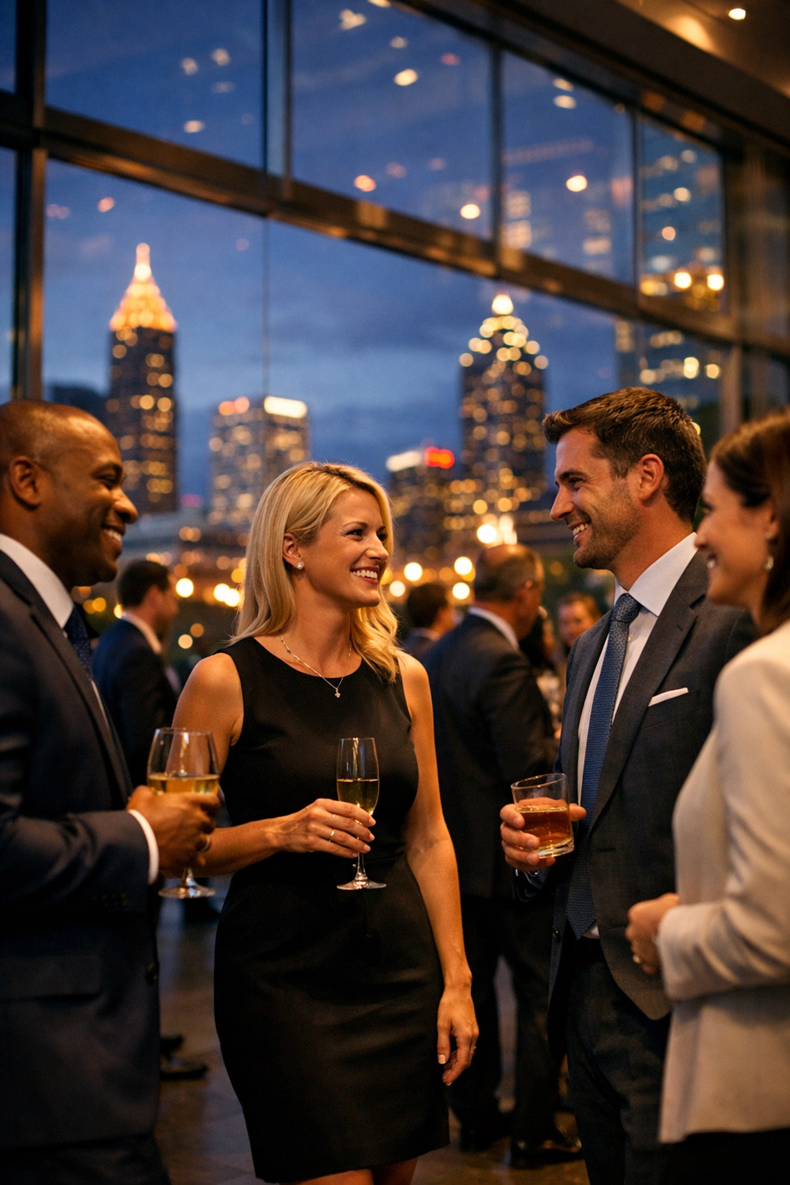 Professional corporate event photographer capturing a high-end networking session in a modern venue.