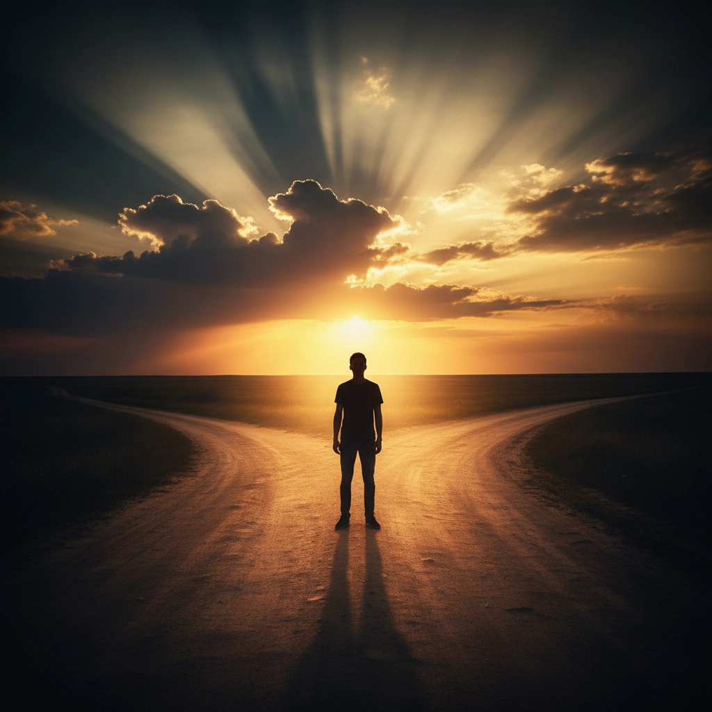 A lone figure stands at a crossroads under a dramatic sunset, contemplating the path ahead as sunlight breaks through the clouds, signifying a moment of decision and reflection.