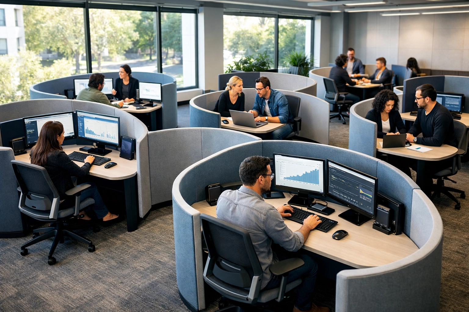 Modern pod-style workstations with collaborative zones replacing traditional computer labs