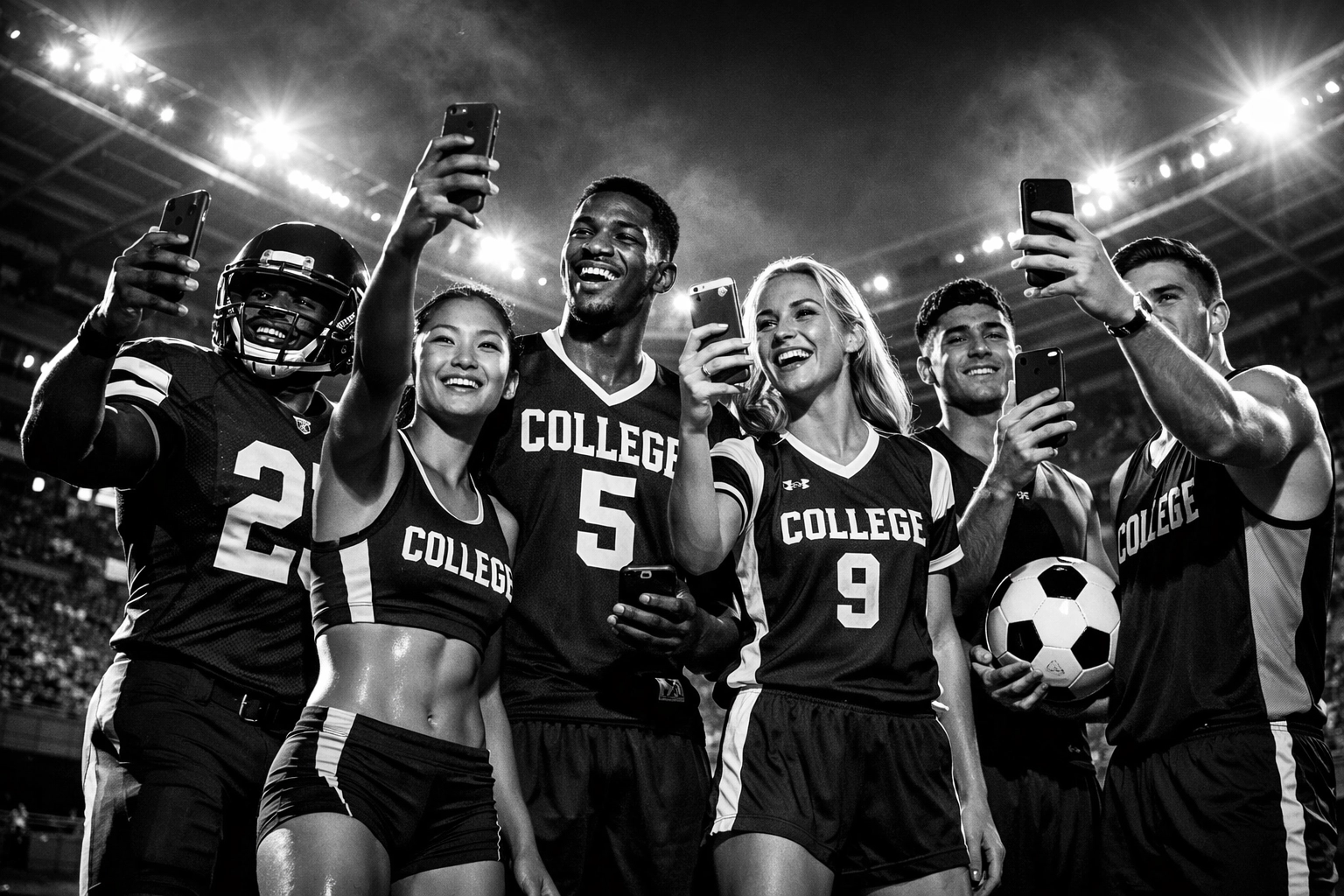 College athletes creating social media content for NIL partnerships in university stadium