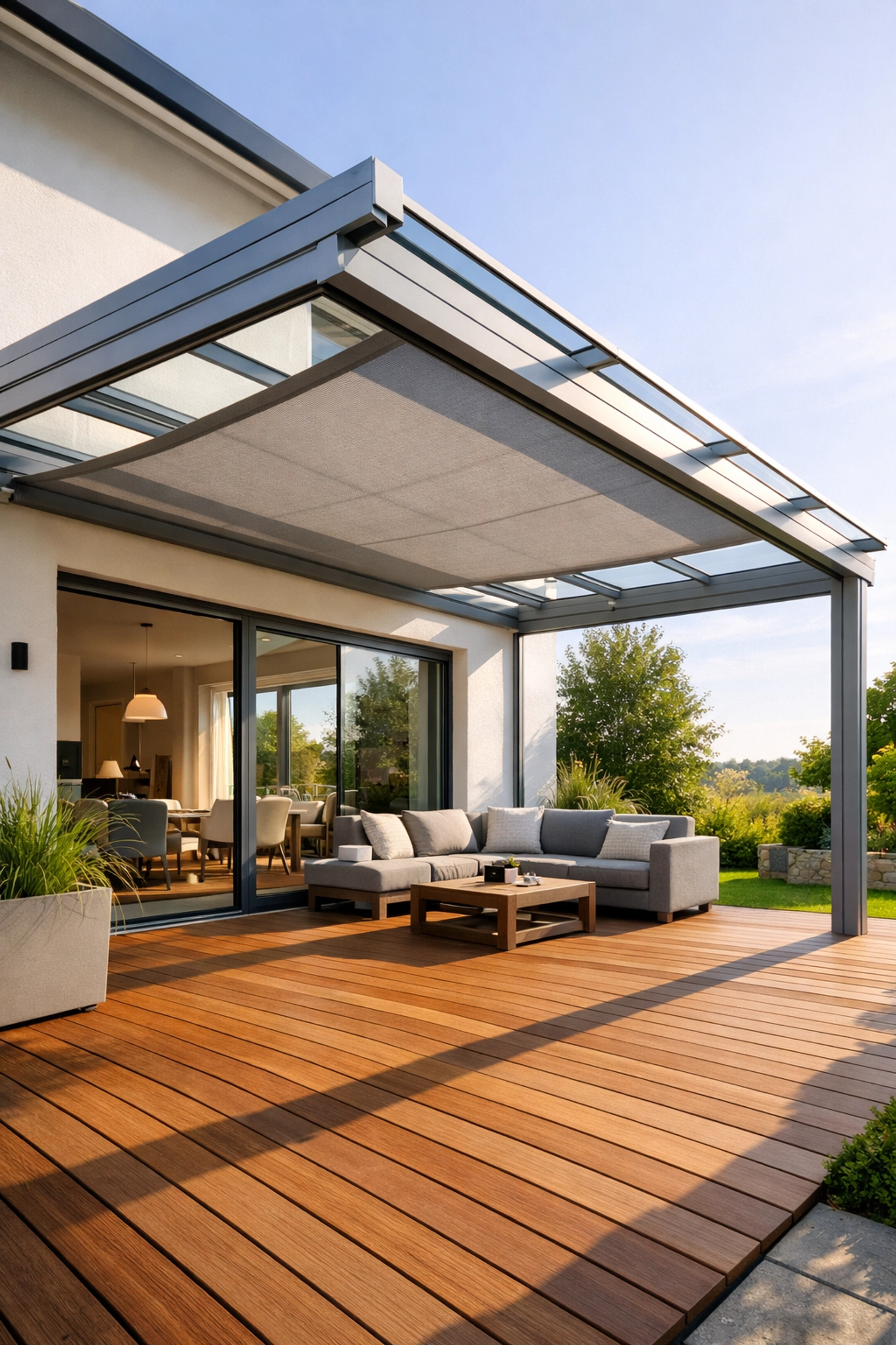 Moderne Terrassenüberdachung Wien aus Glas mit integrierter Markise auf einer Holzterrasse.