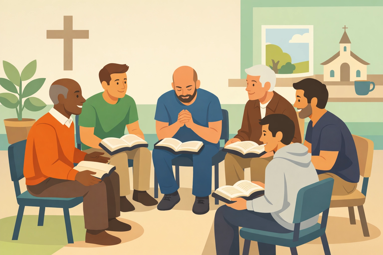 Men in a circle with Bibles open talking and praying together