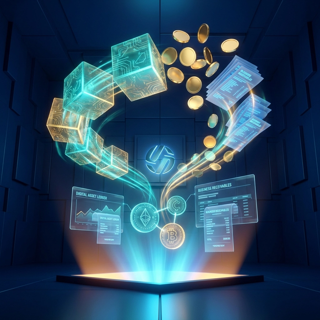 Visual representation of digital assets changing into crypto receivables for modern blockchain business payments