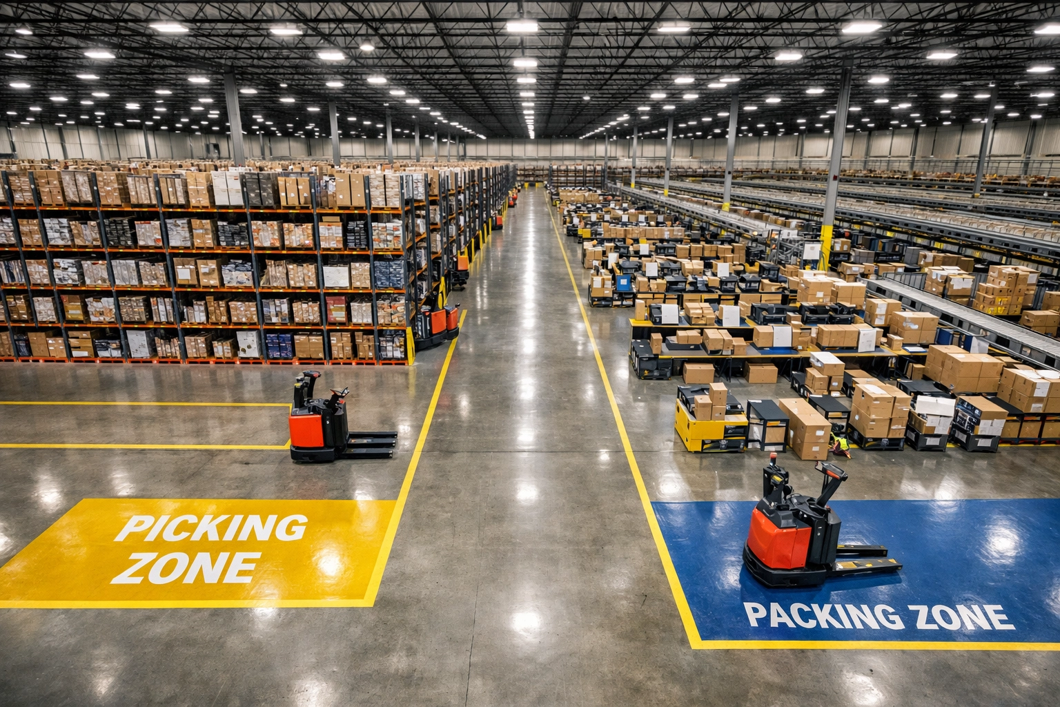 Organized fulfillment center layout showing optimized pick-pack-ship zones and secure warehousing infrastructure.