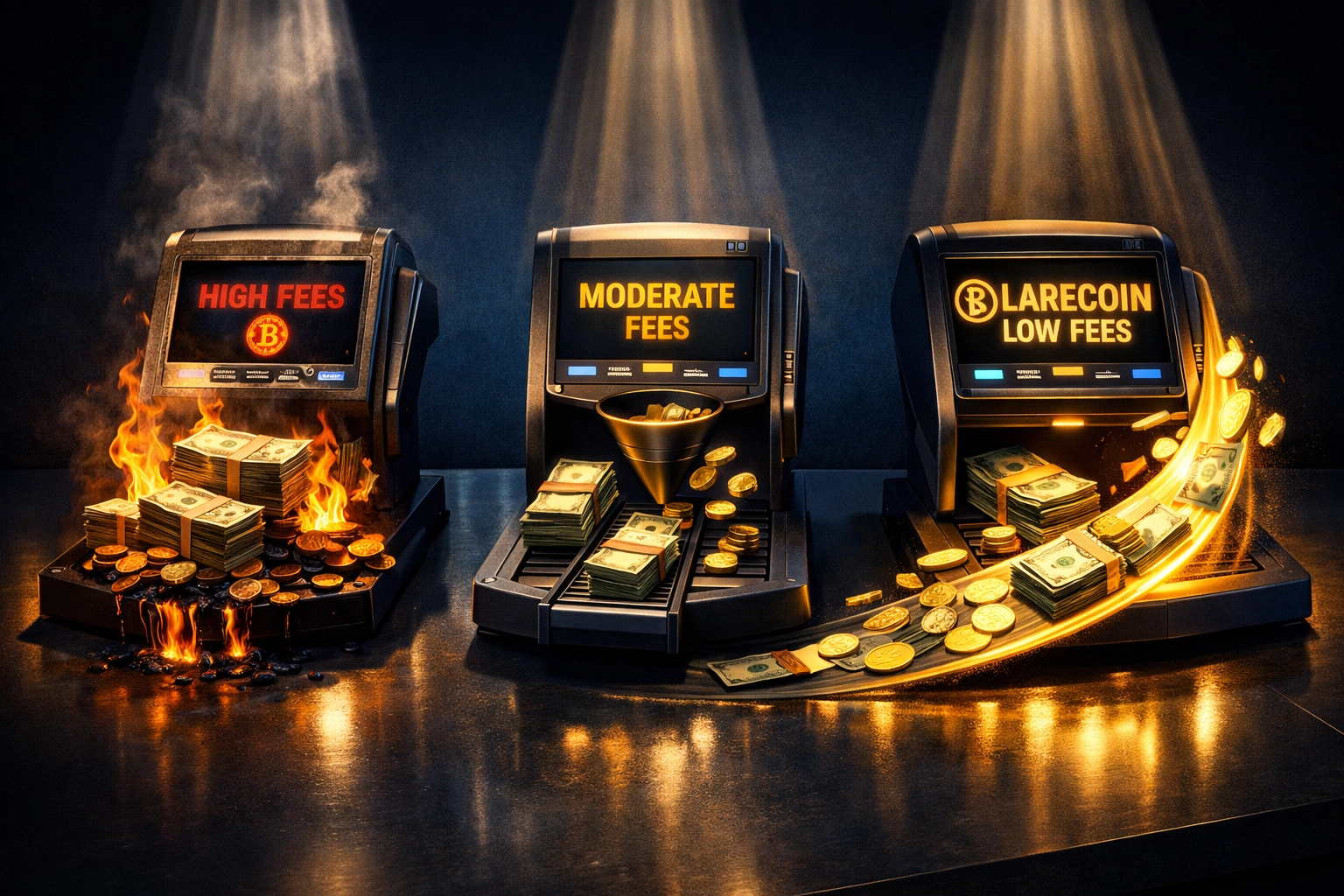 Three crypto payment terminals comparing NOWPayments, CoinPayments, and Larecoin transaction fees
