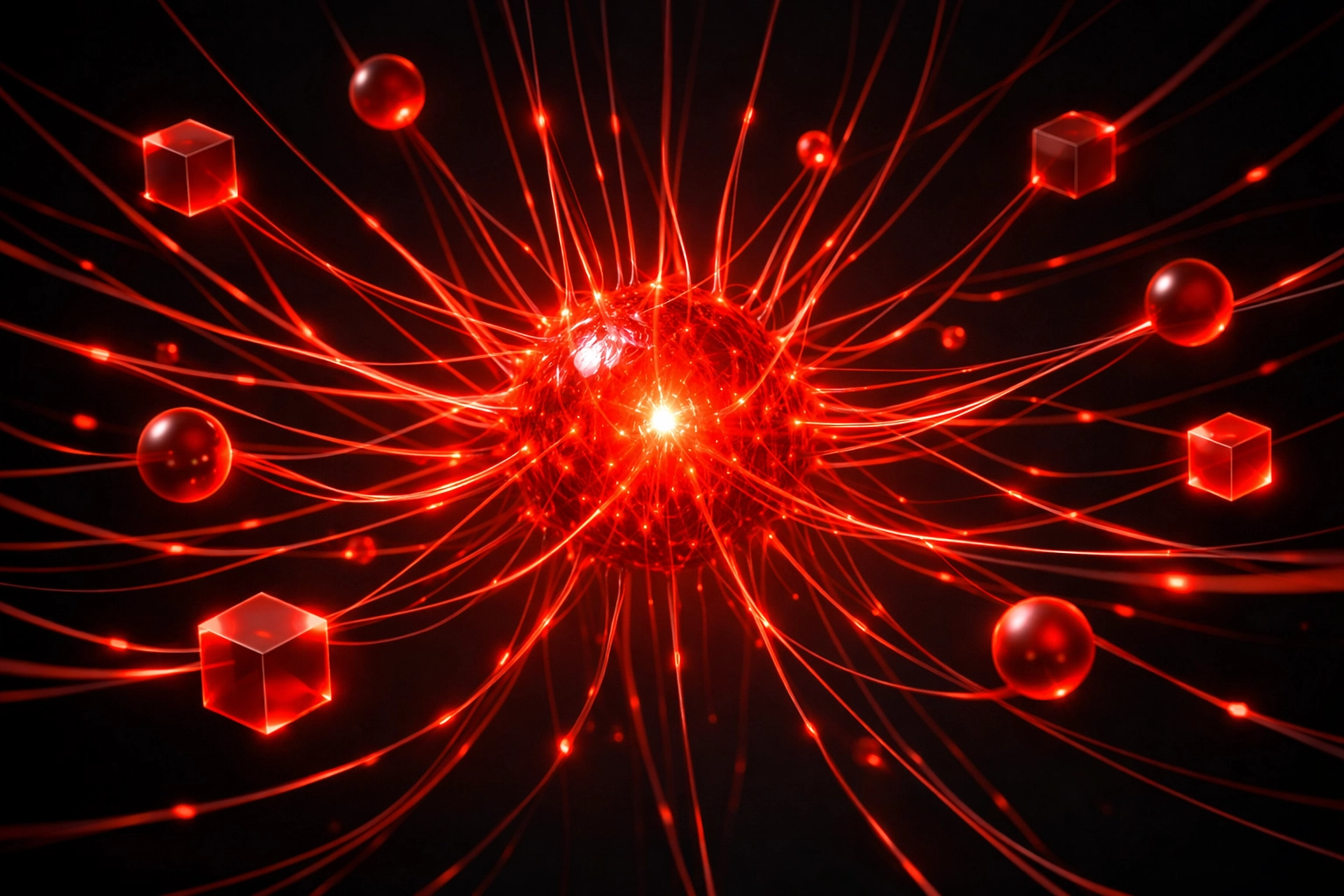 Glowing red neural network representing a business database and the Agentic Commerce Protocol infrastructure.
