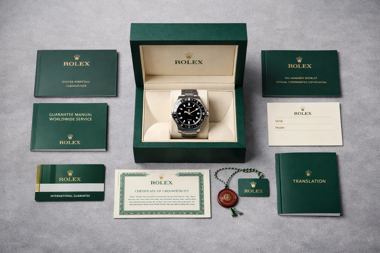 Complete Rolex presentation set with original box, papers, and warranty documentation