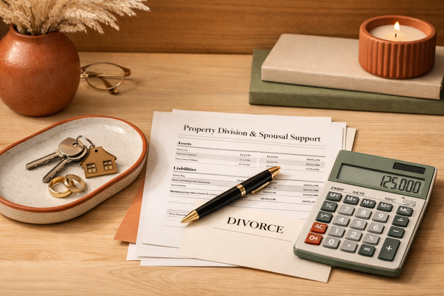 House keys, financial paperwork, and a calculator illustrating property division issues in a Virginia divorce.