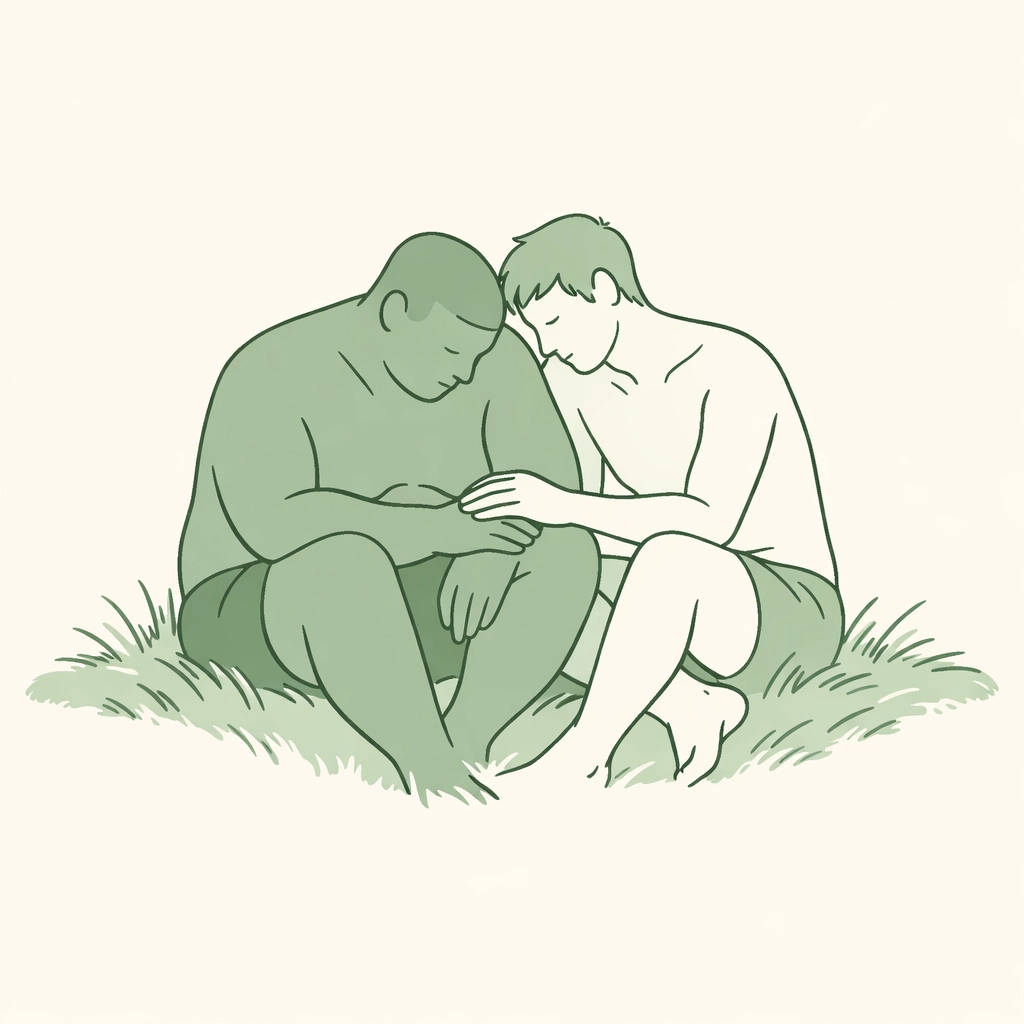 Minimalist illustration of an MM couple embracing body positivity and social nudism.