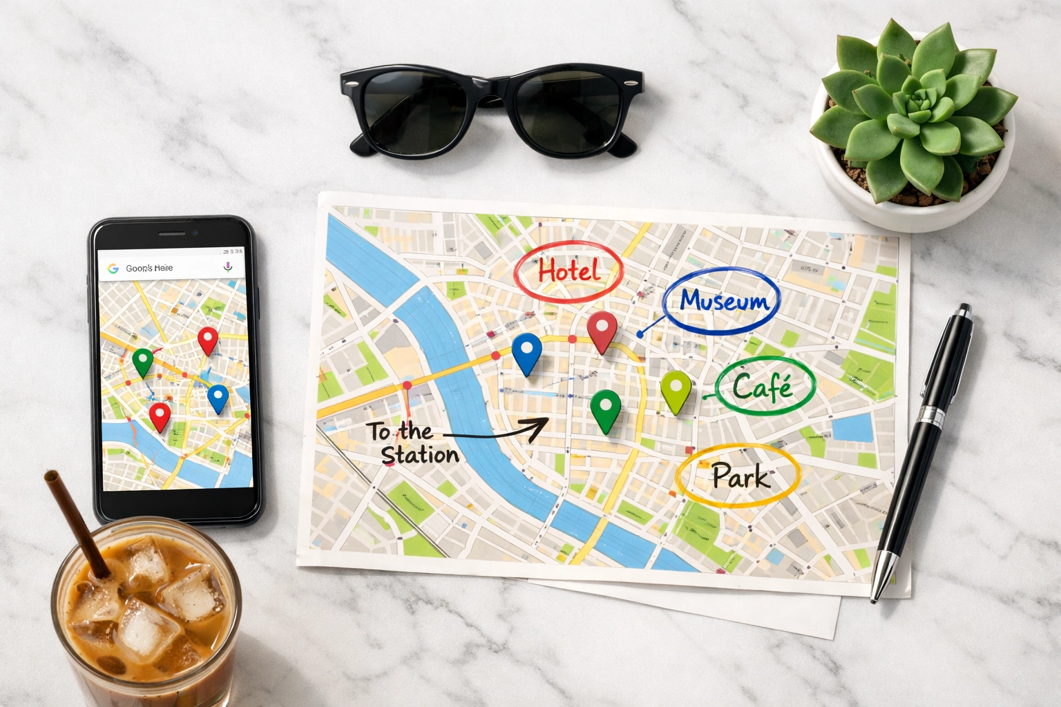 Organized travel planning essentials with maps and phone for building a custom itinerary