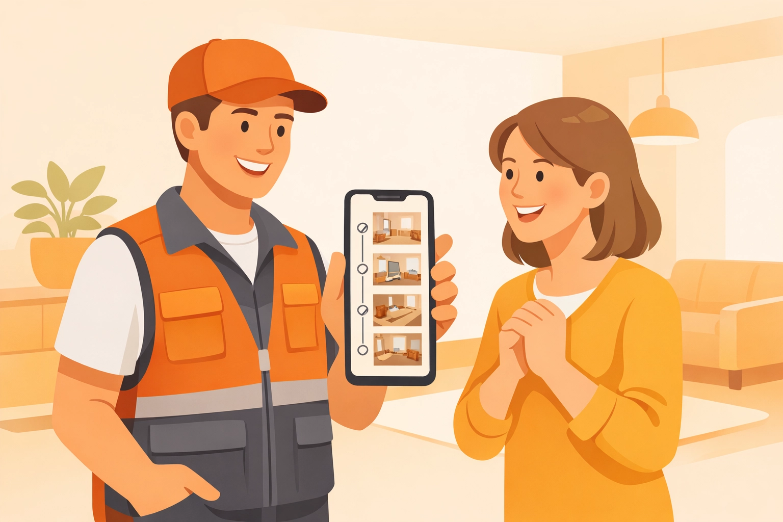 Contractor showing a professional job photo timeline to a customer on a smartphone.