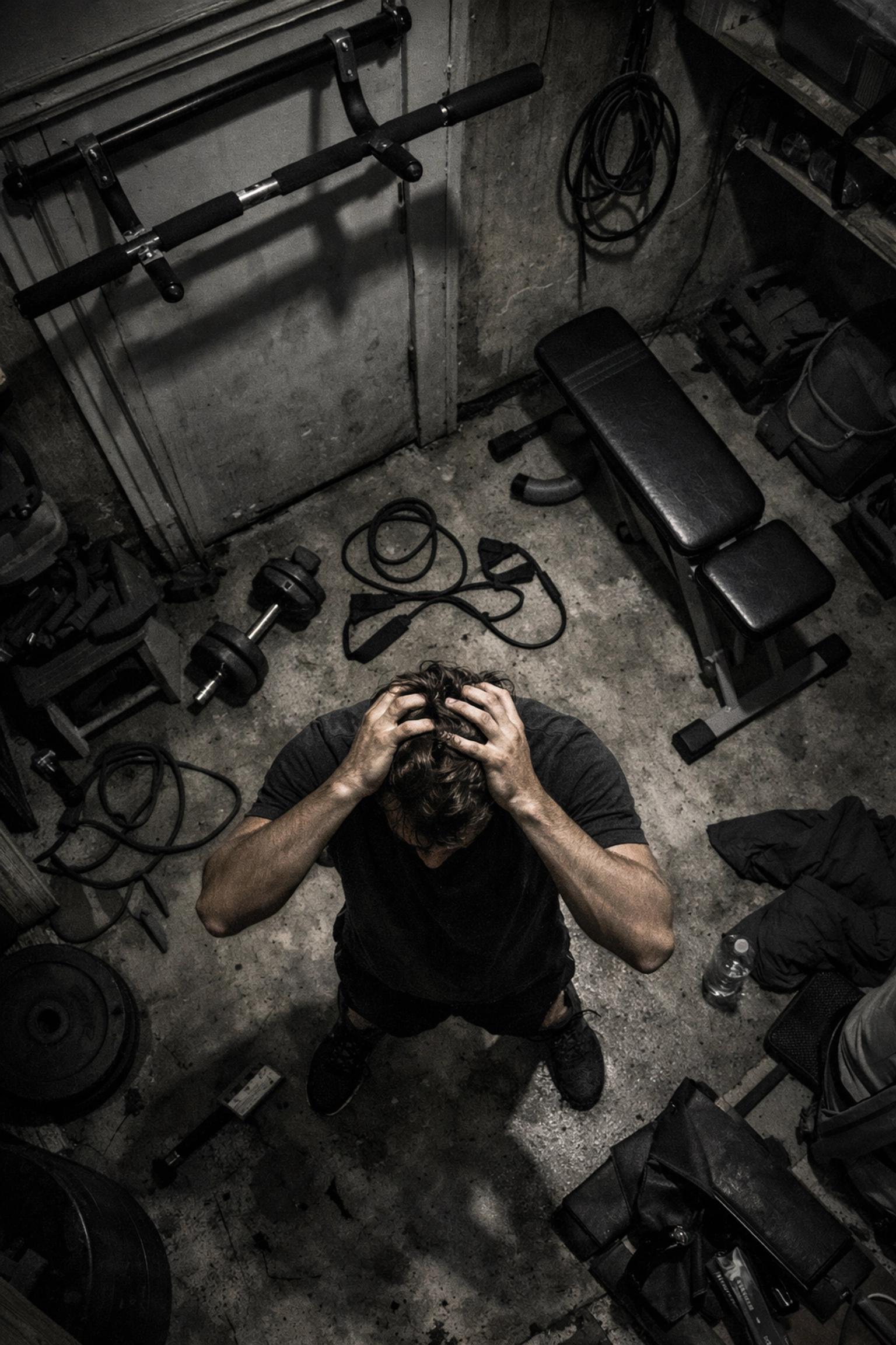 Cluttered home gym with inadequate equipment for full body workouts