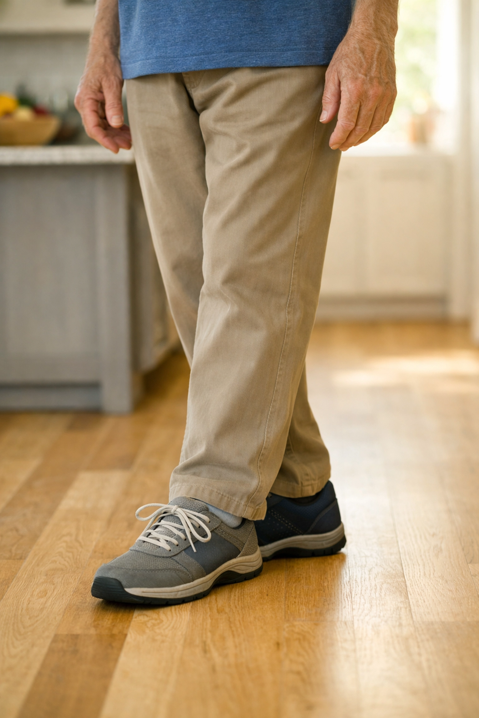 Tandem stance position demonstration for senior balance testing at home