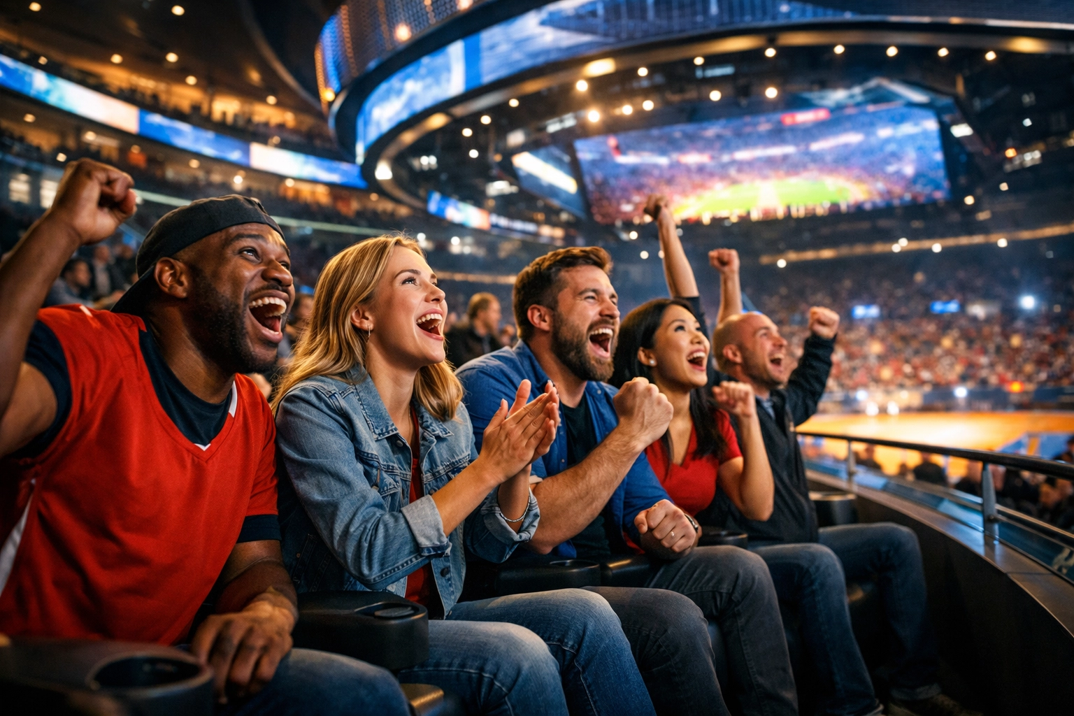 Excited fans interacting with high-tech digital displays in a modern sports arena for an enhanced venue experience.