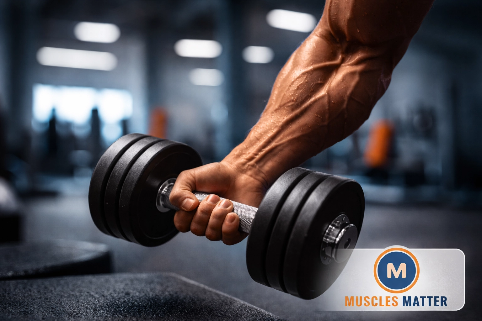 Close-up of hands gripping dumbbell mid-lift, demonstrating effort in muscle retention for Mounjaro users.