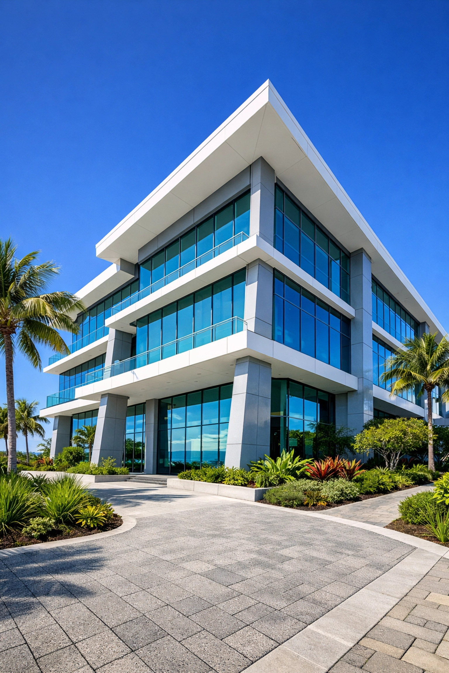 Sleek commercial construction in South Florida featuring hurricane-resistant glass and modern design.