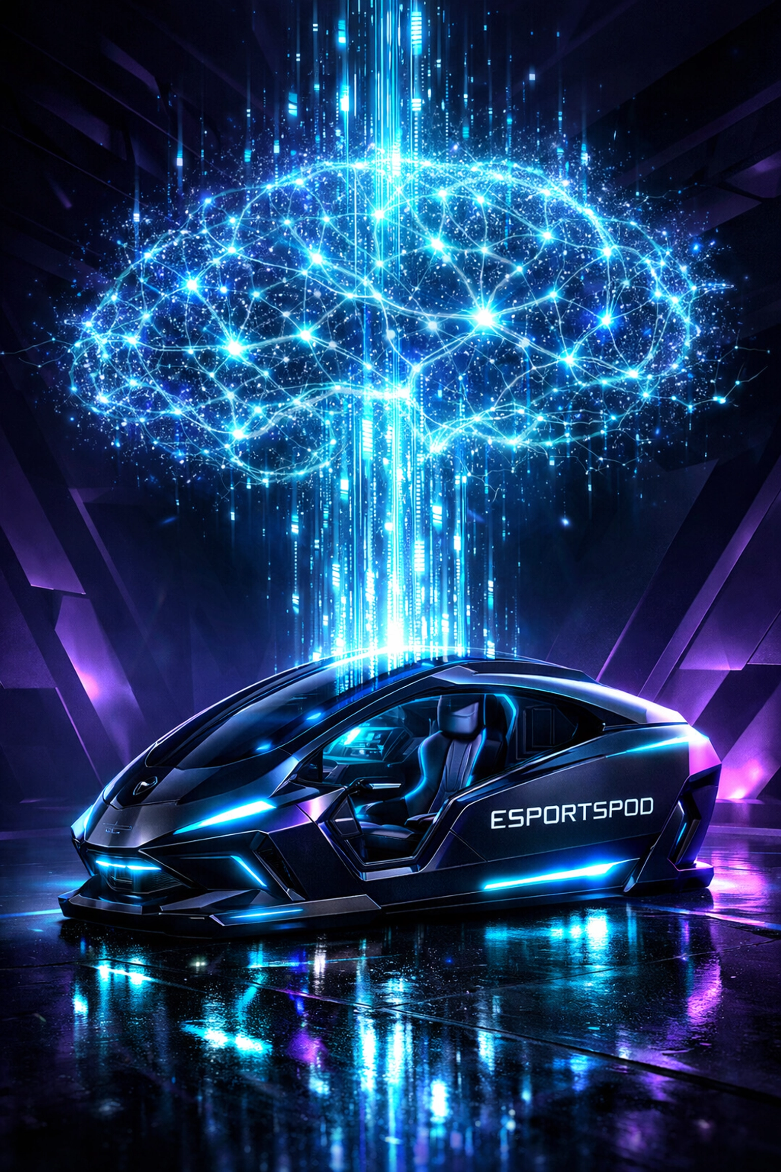 High-tech cloud-powered EsportsPod with glowing data streams representing advanced AI connectivity for students.